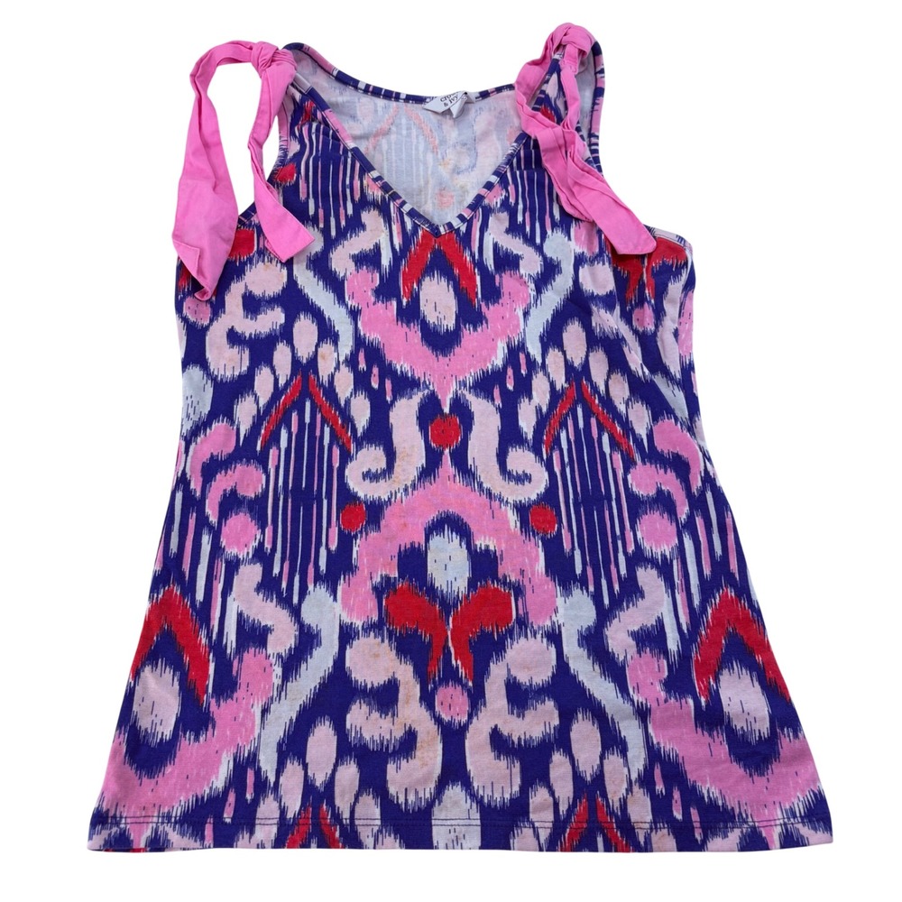 Crown & Ivy Womens Pink Purple Ikat Damask Tie Shoulder V-Neck Tank‎ Top Small